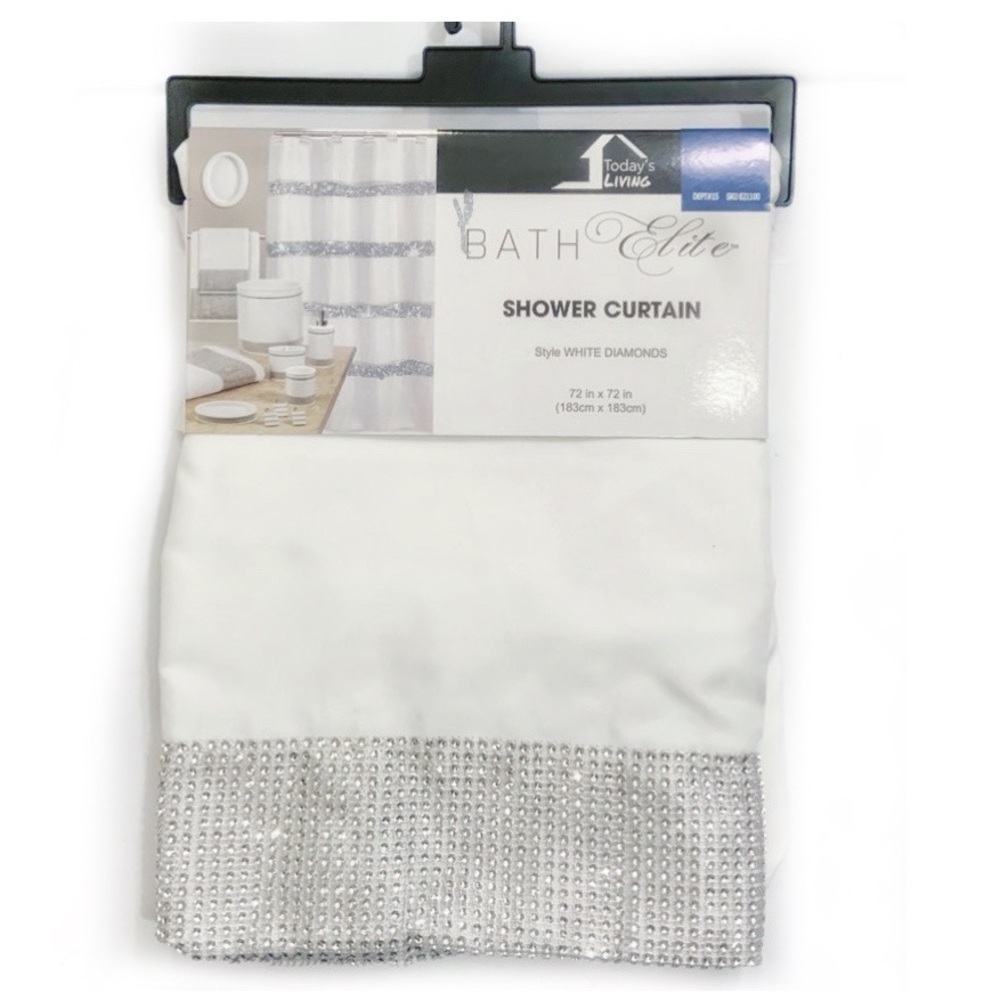 White Diamonds Shower Curtain Fabric Sparkling Rhinestones 72” x 72” White - Picture 10 of 14